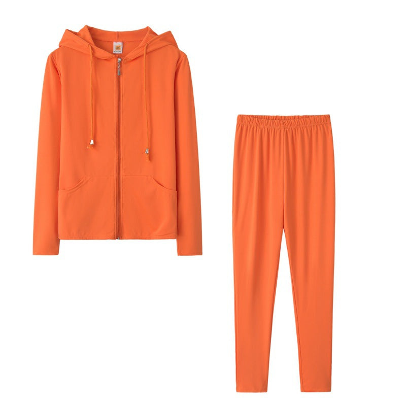 Damen sportliches Zweiteiler-Set mit Kapuzenjacke und enganliegenden Hosen Drune