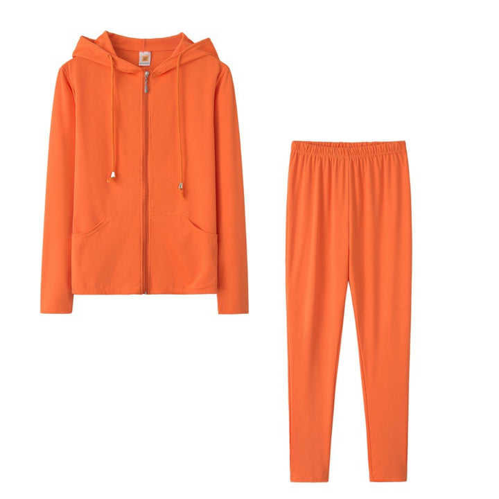 Damen sportliches Zweiteiler-Set mit Kapuzenjacke und enganliegenden Hosen Drune