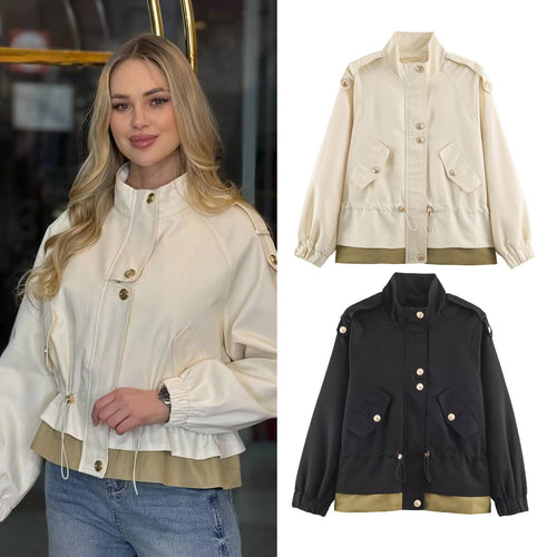 Damen 10+ kurze Utility-Jacke mit Taillenraffung, Stehkragen und Schulterklappen Drune