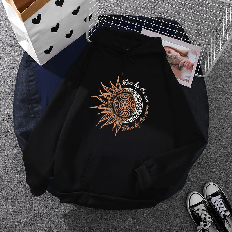 Damen nan Kapuzenpullover mit Sonn-und-Mond-Mandala, Kängurutasche und angerautem Fleece Drune