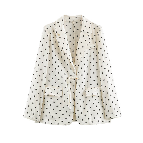 Damen Leichter gepunkteter Blazer mit Revers, Tunnelzug‑Taillierung und Pattentaschen Drune