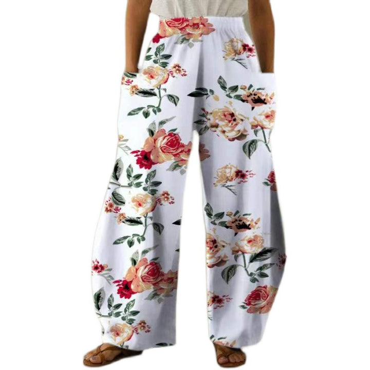 Damen Weite Blumen-Hosen mit Taschen und elastischem Bund Drune