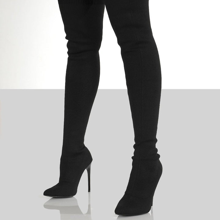Damen Overknee-Stretch-Strickstiefel mit spitz zulaufender Schuhspitze Drune