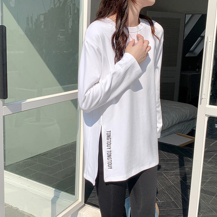 Damen lässiges Langarmshirt mit asymmetrischem Schnitt und modernen Schriftzug Drune