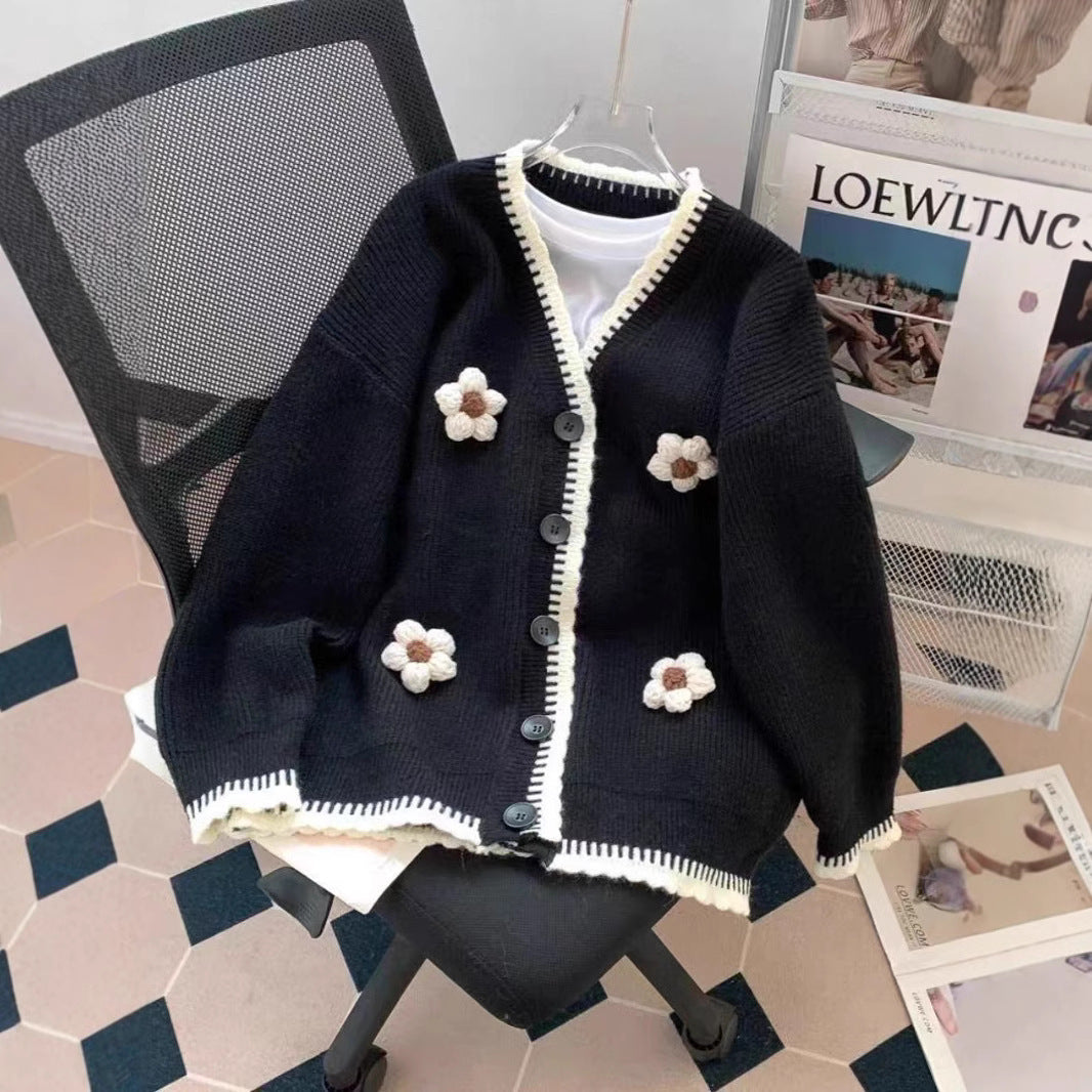 Damen elegante Strickjacke mit Blumenapplikationen Drune