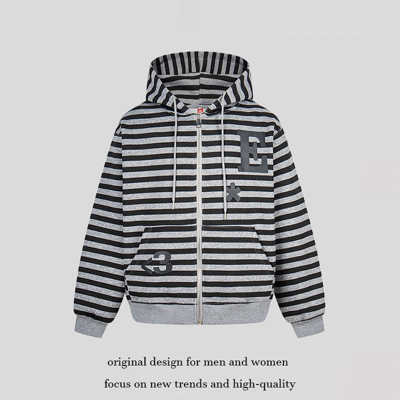 Damen Kapuzen-Sweatjacke im Oversize-Streifenlook mit durchgehendem Reißverschluss und typografischem Frontprint Drune
