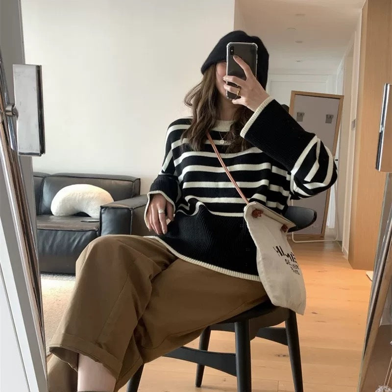 Damen gemütlicher Strickpullover mit Streifen Drune