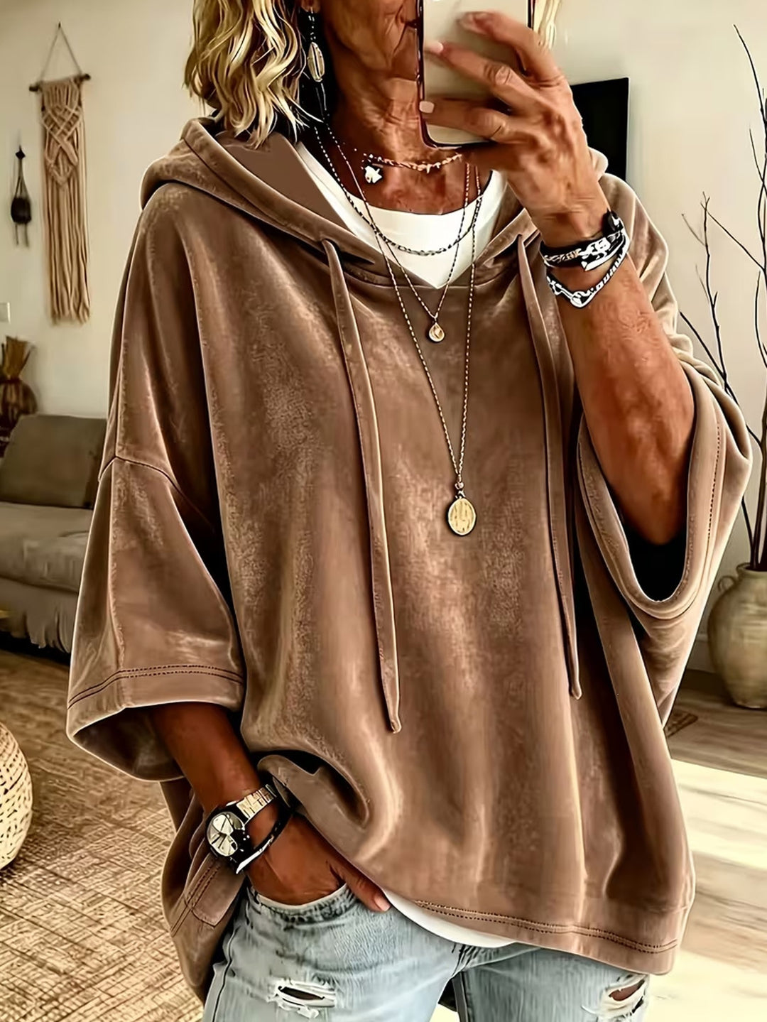 Damen Oversize Samt-Kapuzenponcho mit halblangen Ärmeln und Tunnelzug Drune