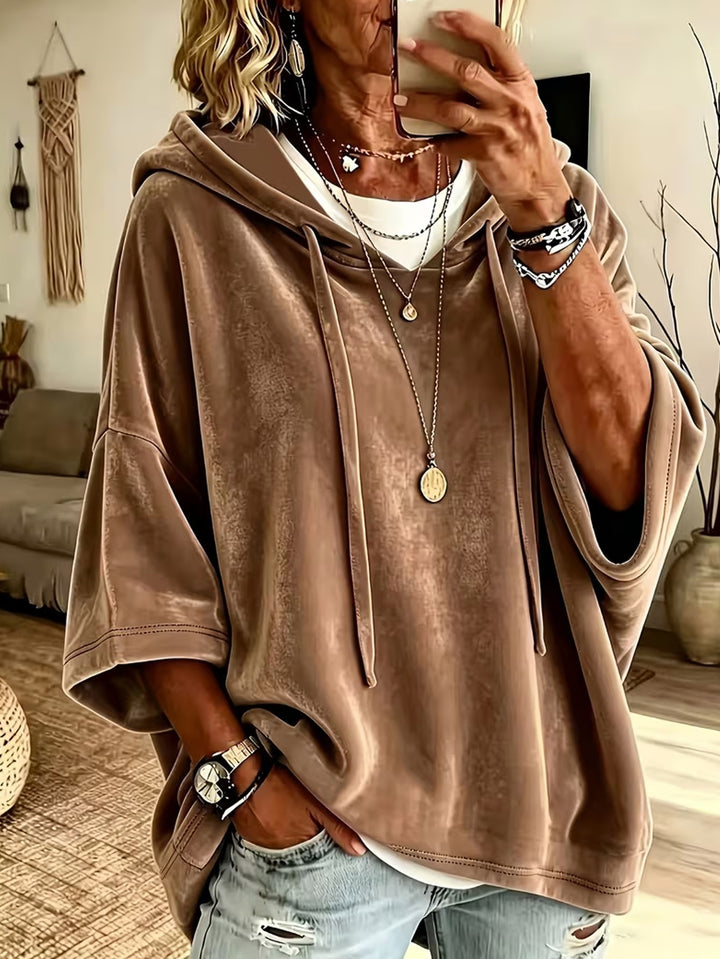 Damen Oversize Samt-Kapuzenponcho mit halblangen Ärmeln und Tunnelzug Drune