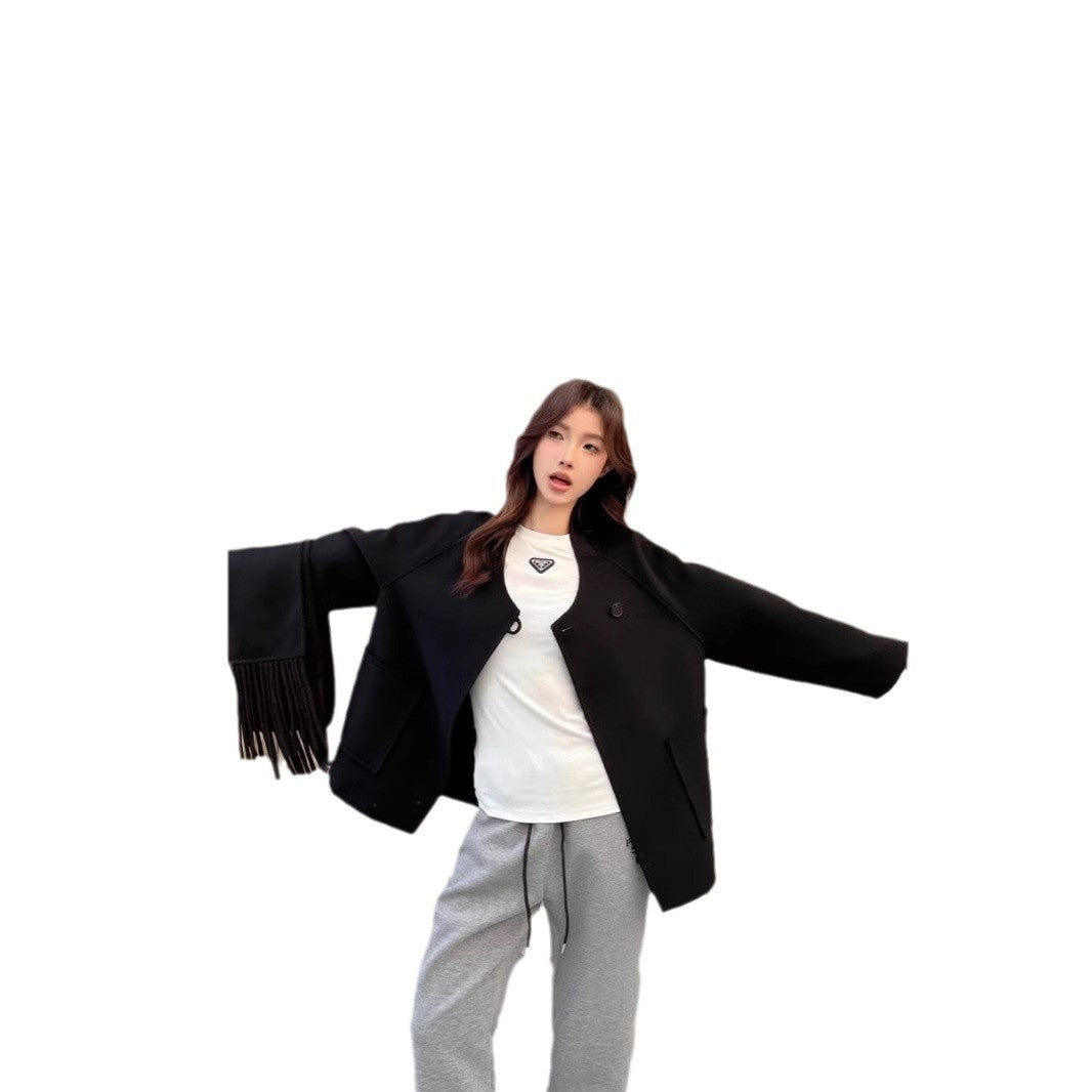 Damen Oversize Wollmantel mit voluminösem Schalkragen und Fransen Drune