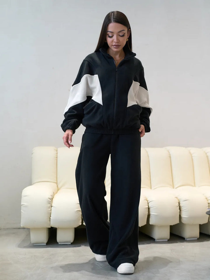 Damen Oversized Fleece-Lounge-Set mit Stehkragen, Reißverschlussjacke und weiter Palazzohose Drune