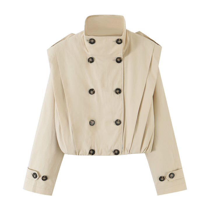 Damen Cropped Doppelreihiger Trench‑Blouson mit Stehkragen und taillierendem Gummizug Drune
