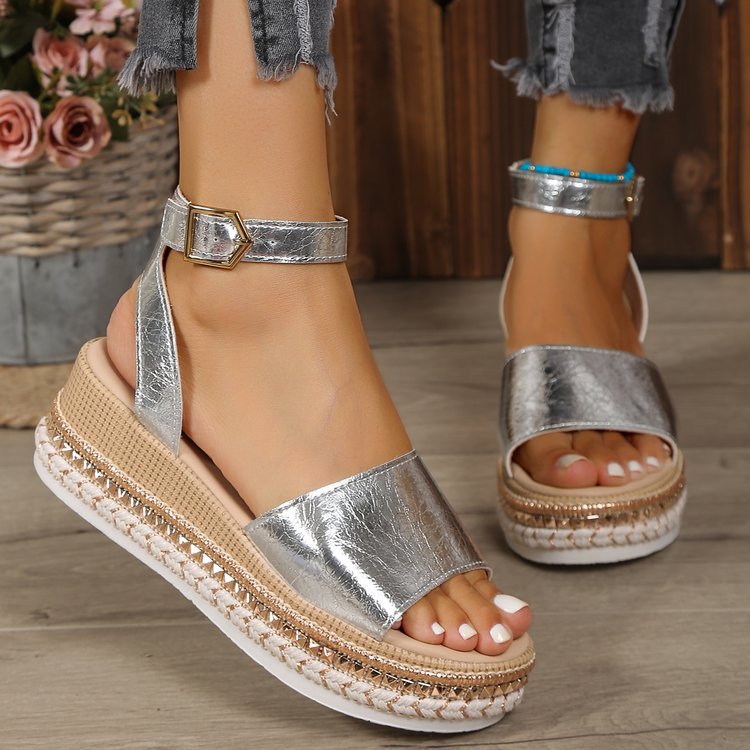 Damen Wedge-Sandaletten mit exklusivem Metallic-Finish und verstellbarem Riemendesign Drune