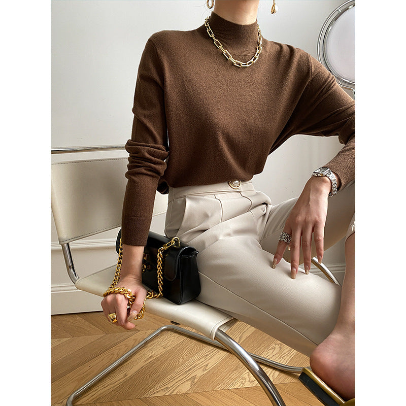 Damen elegantes Langarmoberteil mit hohem Kragen und feiner Rippstruktur Drune