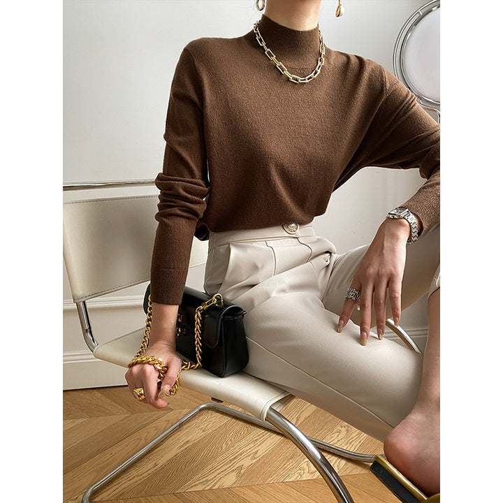 Damen elegantes Langarmoberteil mit hohem Kragen und feiner Rippstruktur Drune