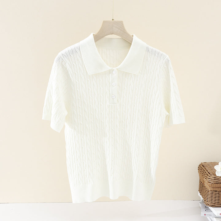 Damen Kurzärmeliges Strick-Poloshirt mit Zopfmuster und Knopfleiste Drune