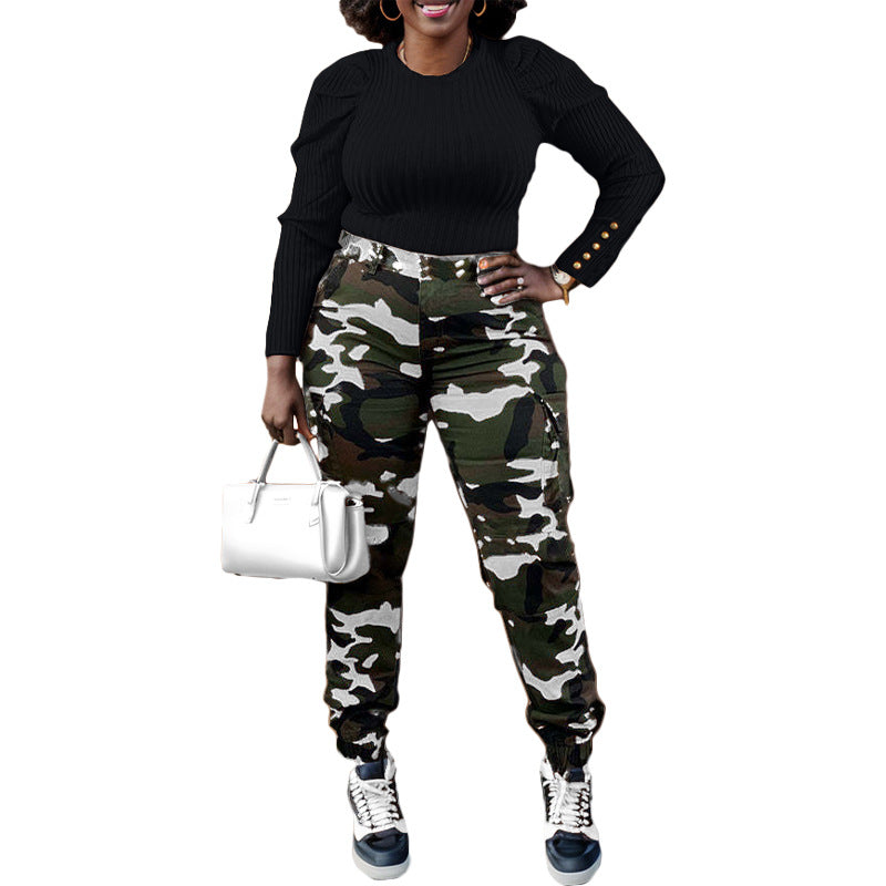 Damen Cargo-Hose mit Camouflage-Muster und hohem Bund Drune