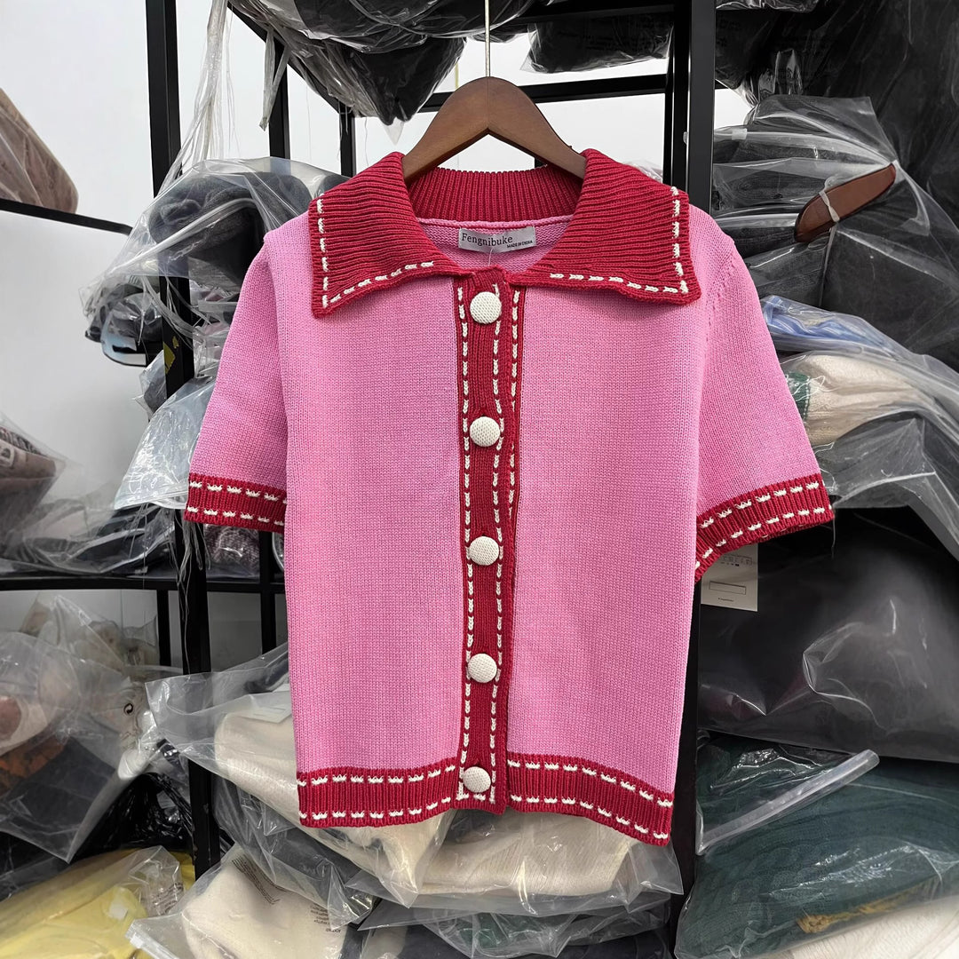 Damen Kurzarmpullover mit kontrastierenden Details Drune