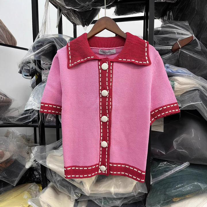 Damen Kurzarmpullover mit kontrastierenden Details Drune