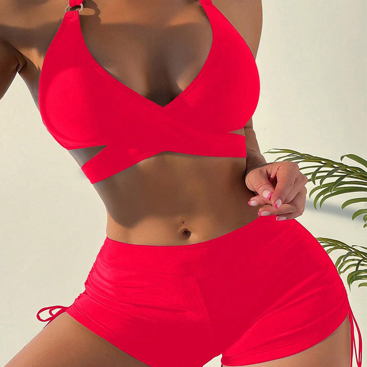 Damen Sportlicher Bikini mit gekreuztem Oberteil und Shorts Drune