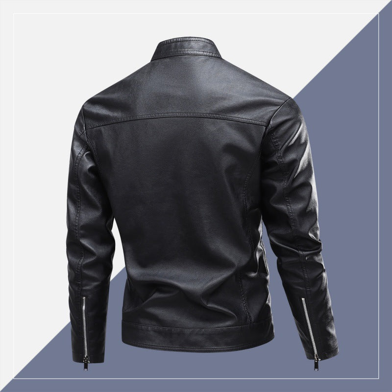 Herren Modische Lederjacke mit Stehkragen und praktischen Reißverschlusstaschen Drune