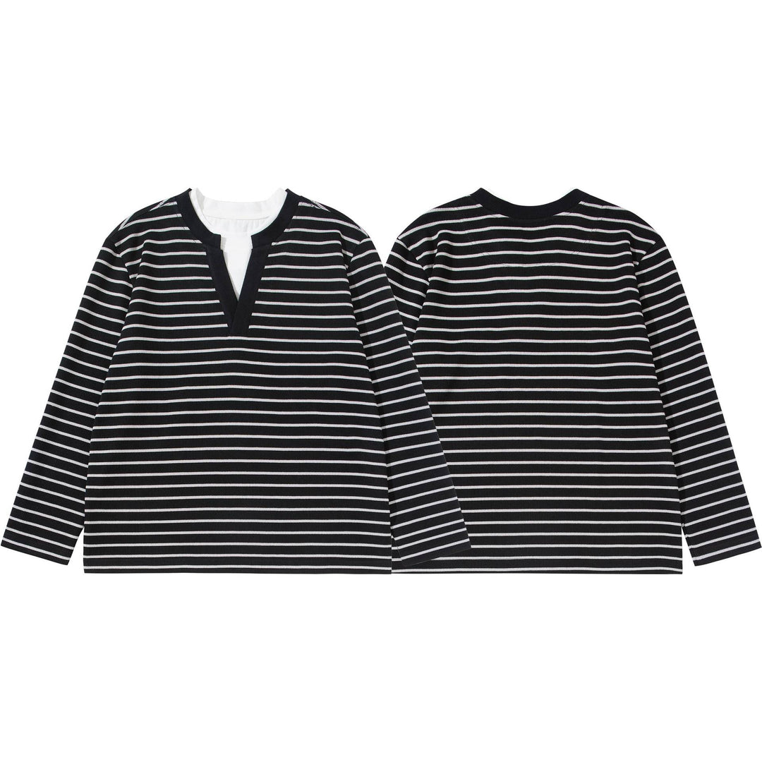 Damen Gestreiftes Strickshirt mit V-Ausschnitt und Lagenlook Drune