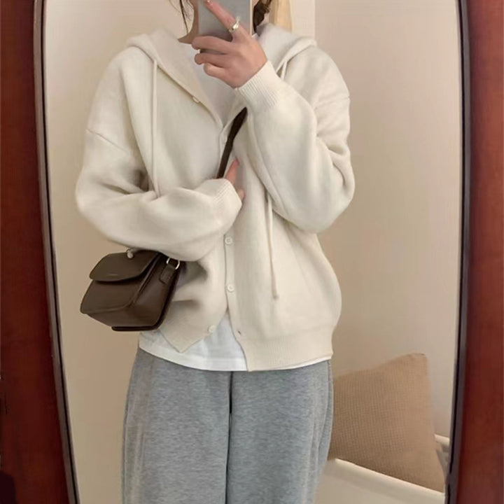 Damen Strickjacke mit Kapuze und Knopfverschluss Drune