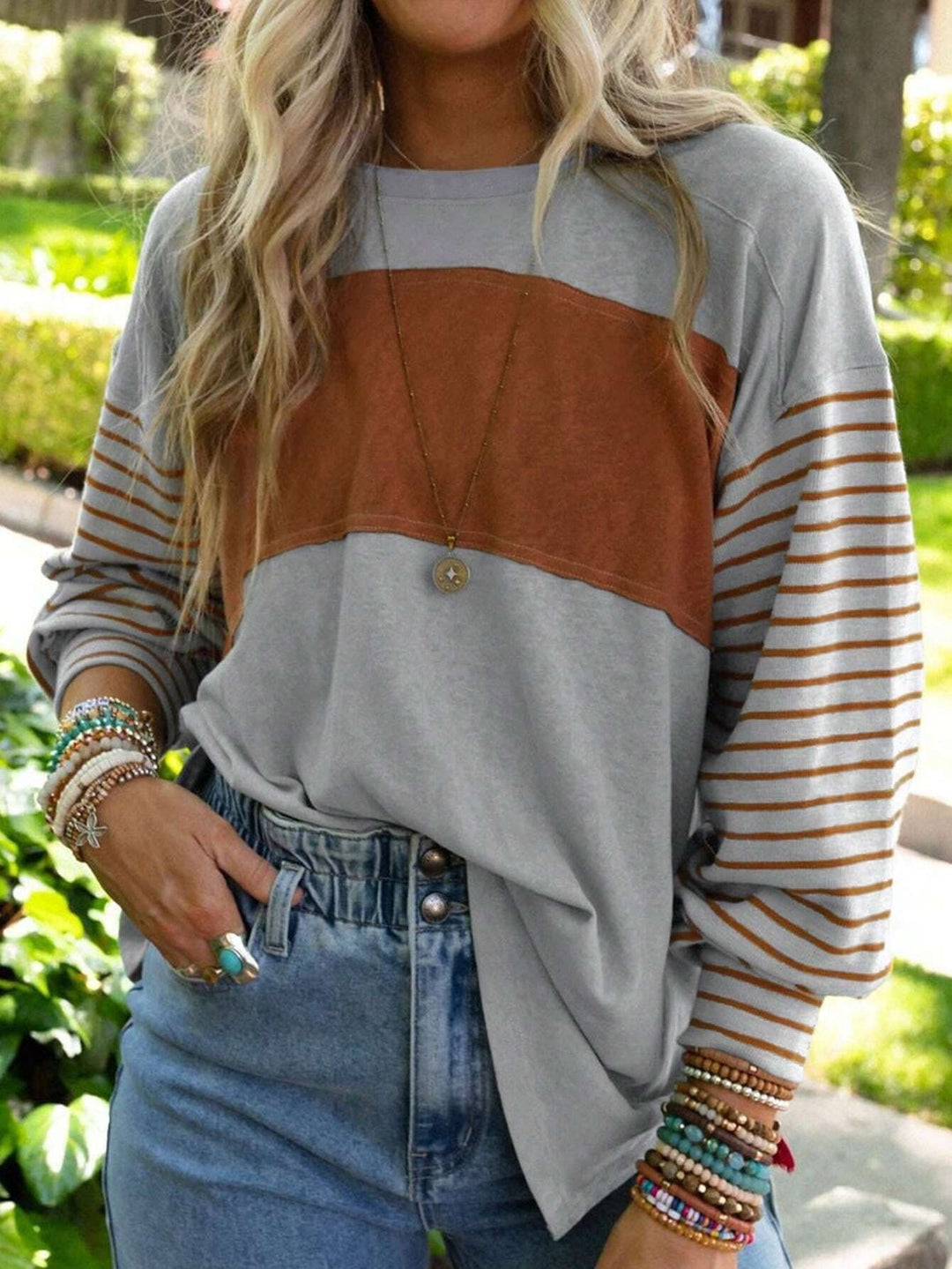 Damen Oversize-Longsleeve mit Colorblock, gestreiften Ärmeln und Rundhalsausschnitt Drune