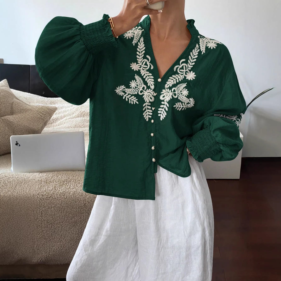 Damen Boho-Bluse mit Puffärmeln, Stickerei und Perlenknöpfen Drune