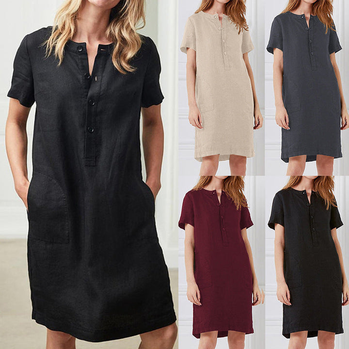 Damen lässiges Leinenkleid mit Knopfleiste und praktischen Taschen Drune