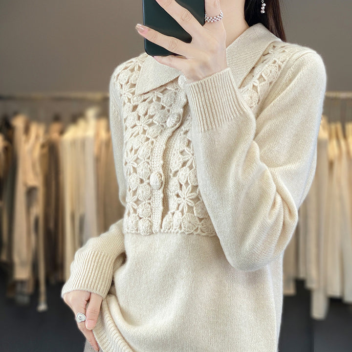 Damen Strickpullover mit gehäkelter Ajour‑Blende und Polokragen Drune