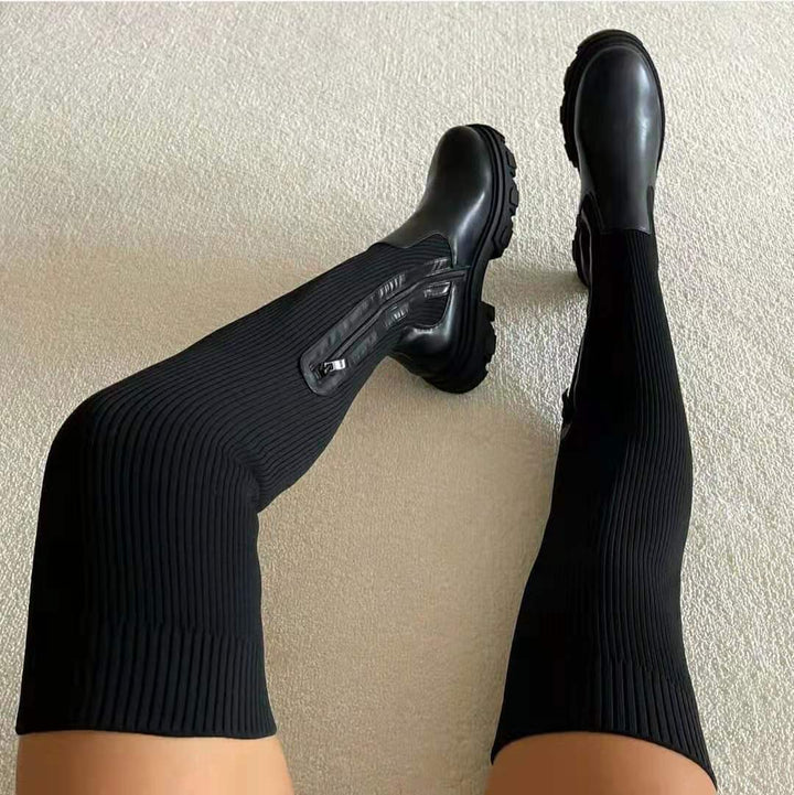 Damen knielange Strickschaft-Chelsea-Boots mit kontrastfarbiger Profilsohle Drune