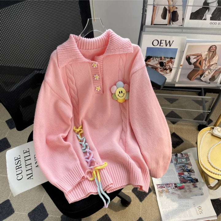 Damen Grobstrickpullover mit farbenfrohen Applikationen und rippstrukturiertem Kragen Drune