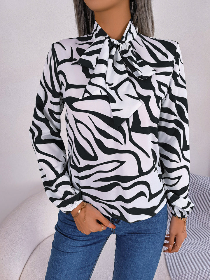 Damen Bluse mit modischem Zebra-Muster und elegantem Schleifenkragen Drune