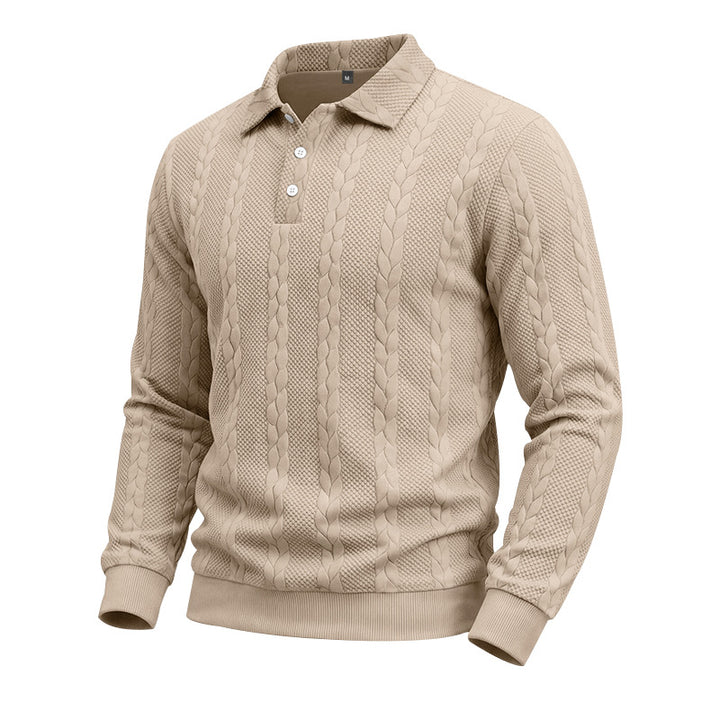 Herren Gestricktes Polo-Sweatshirt mit Zopfstrickmuster und Knopfleiste Drune