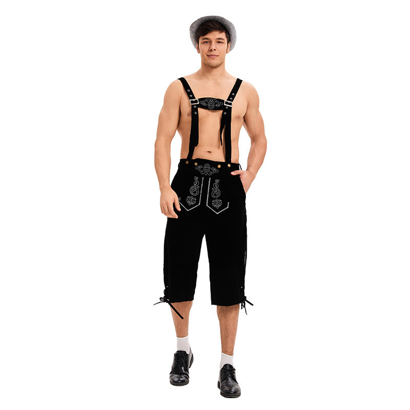 Herren nan knielange traditionelle Lederhose mit besticktem Brustlatz und verstellbaren Trägern Drune