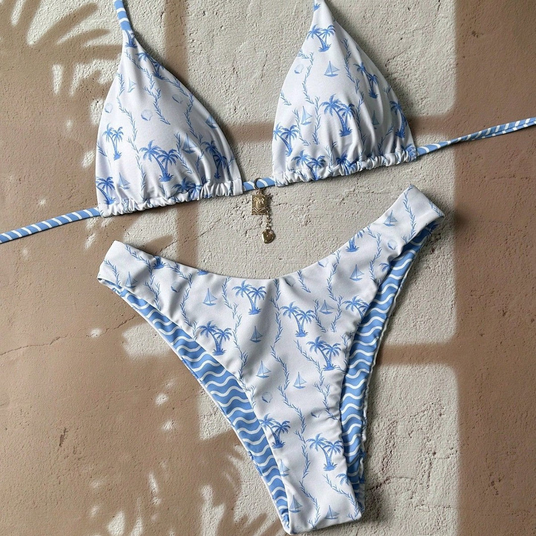Damen Triangel-Bikini mit tropischem Muster Drune