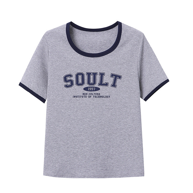 Damen T-Shirt mit kontrastierendem Rundhalsausschnitt und stylischem Schriftzug Drune