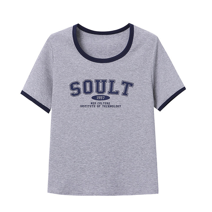 Damen T-Shirt mit kontrastierendem Rundhalsausschnitt und stylischem Schriftzug Drune