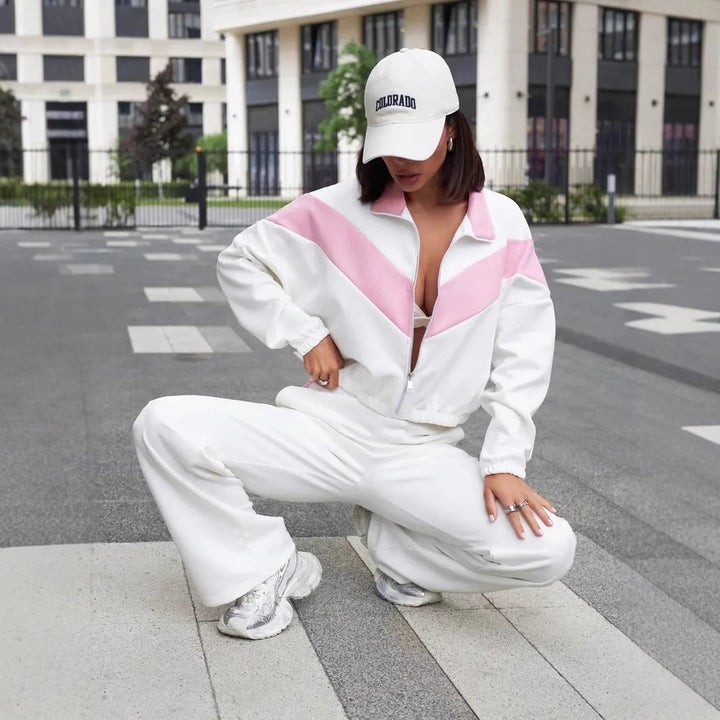 Damen cropped Zipjacke und weite Trackpants mit kontrastierendem Seitenstreifen Drune