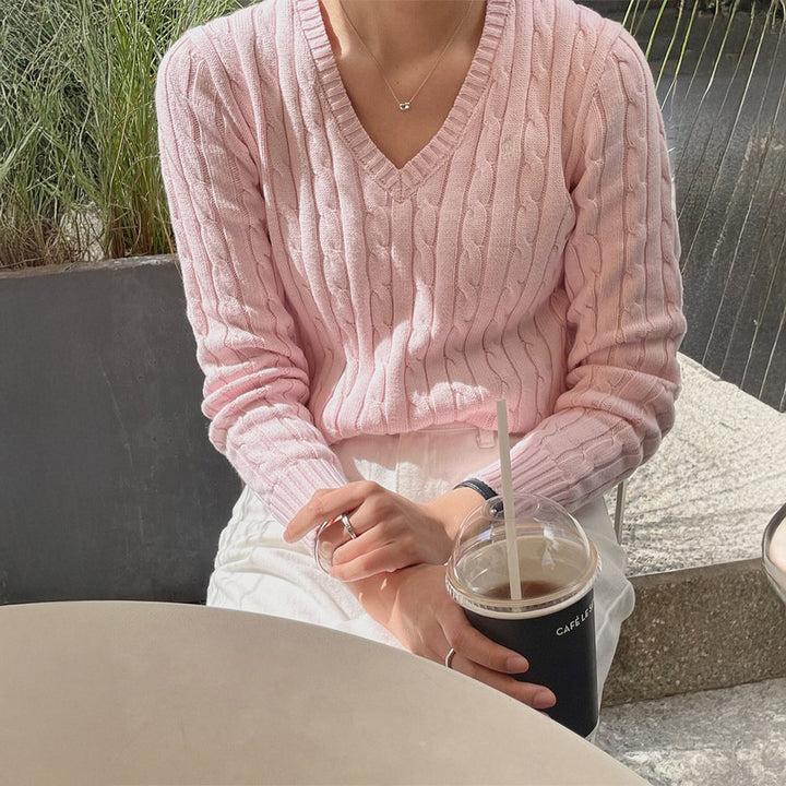 Damen nan feiner Strukturstrick-Pullover mit V‑Neck, Zopfmuster und geripptem Saum Drune