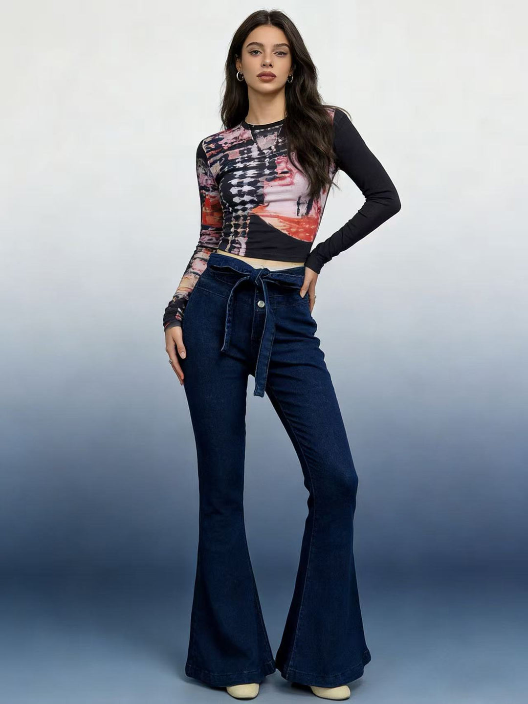 Damen Flared Jeans mit Gürtel und hohem Bund Drune
