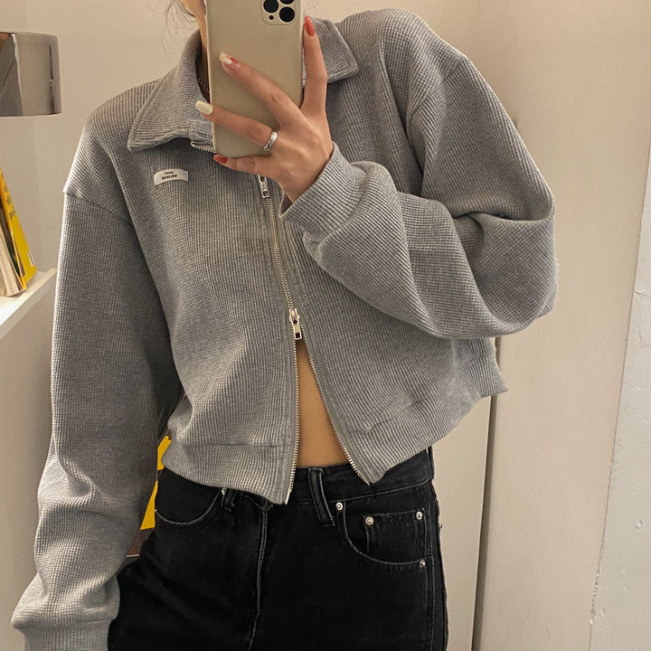Damen cropped Fleecejacke mit modernem Reißverschluss und lässigen Ärmeln