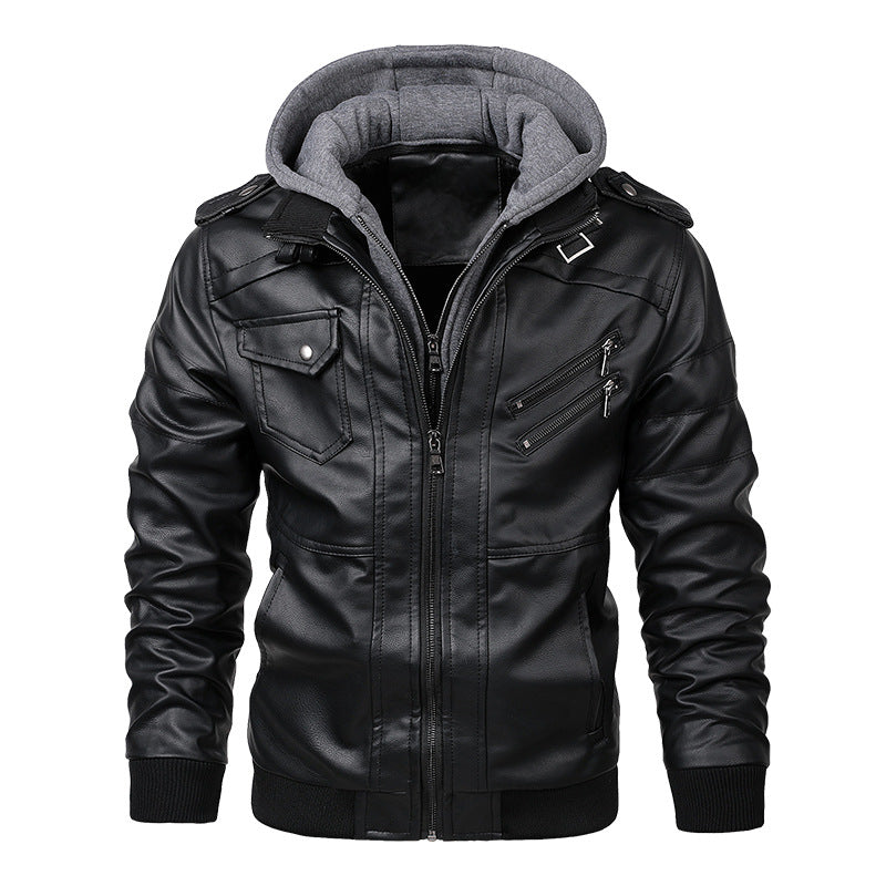 Herren Lederoptik-Utility-Jacke mit Kapuze, Reißverschlusstaschen und Rippbündchen Drune