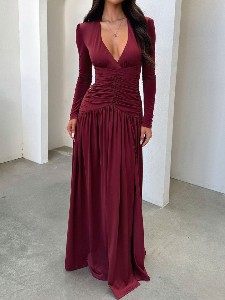 Damen nan elegantes Abendkleid mit gerafftem Wickeloberteil, hohem Beinschlitz und Samtärmeln Drune