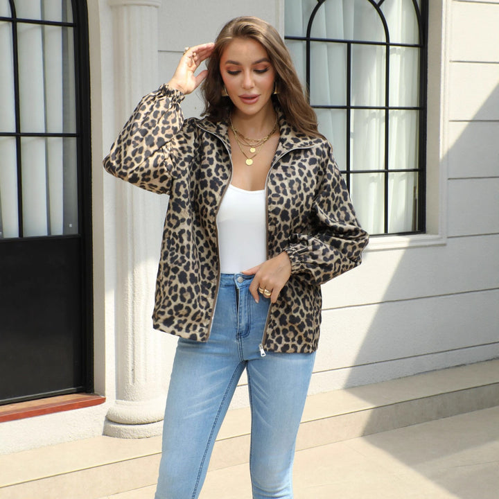 Damen Leopard-Print Bomberjacke mit Stehkragen, Reißverschluss und Gummizug Drune