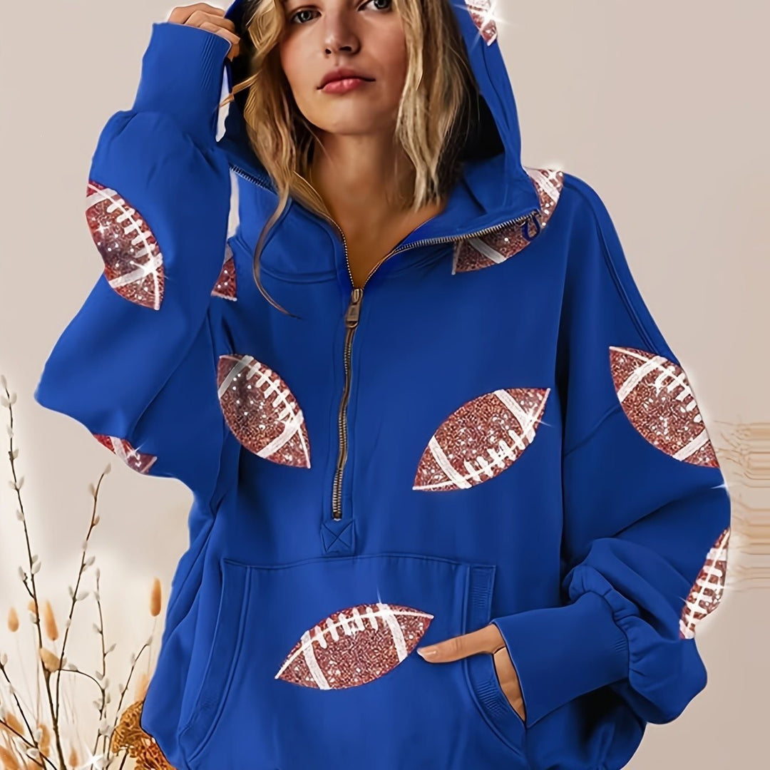Damen Oversized Kapuzenpullover mit halbem Reißverschluss und Pailletten‑Football-Applikation Drune
