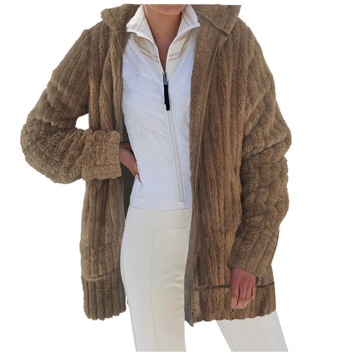 Damen Oversize Teddy‑Fleece Kapuzenmantel mit Rippbündchen und Eingrifftaschen Drune
