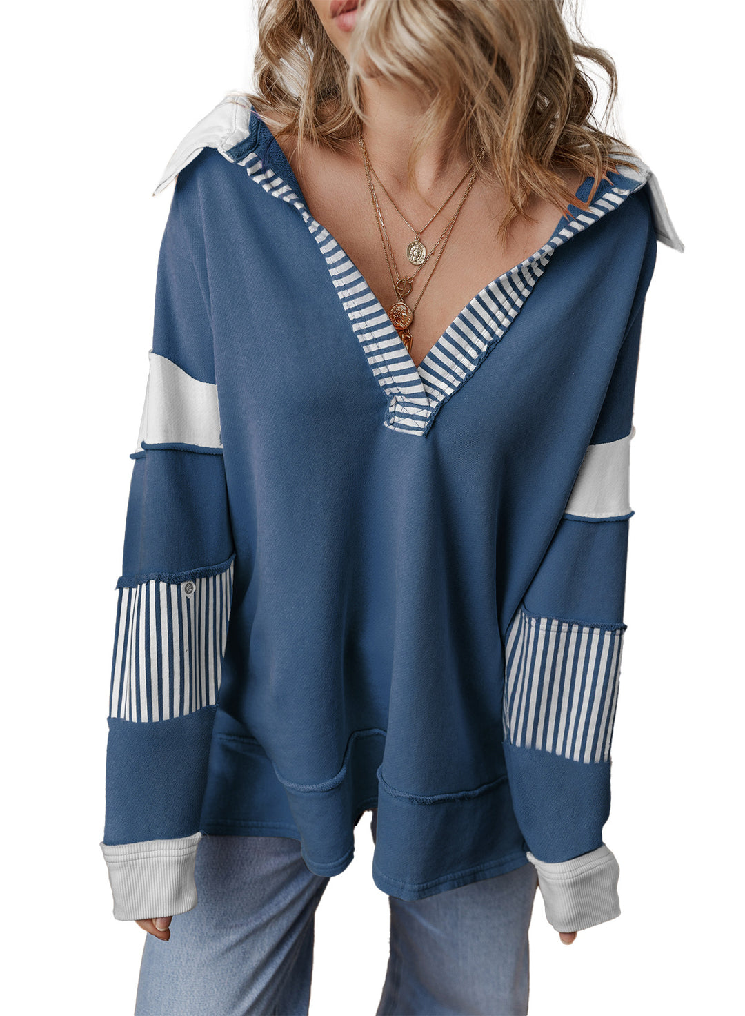 Damen Oversize Sweatshirt mit V-Ausschnitt, gestreiften Ärmelaufsätzen und Kontrastdetails Drune