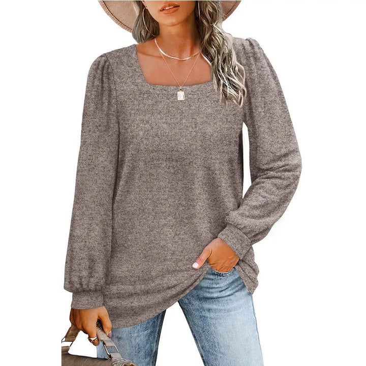 Damen Legerer Feinstrick-Pullover mit quadratischem Ausschnitt, Puffschulter und Bündchen Drune